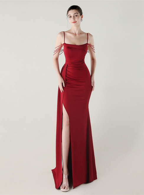 In Stock:Ship in 48 Hours Queenly Burgundy Straps Split Beading Party Dress