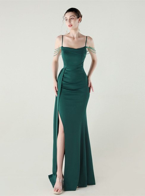 In Stock:Ship in 48 Hours Delicate Dark Green Straps Split Beading Party Dress