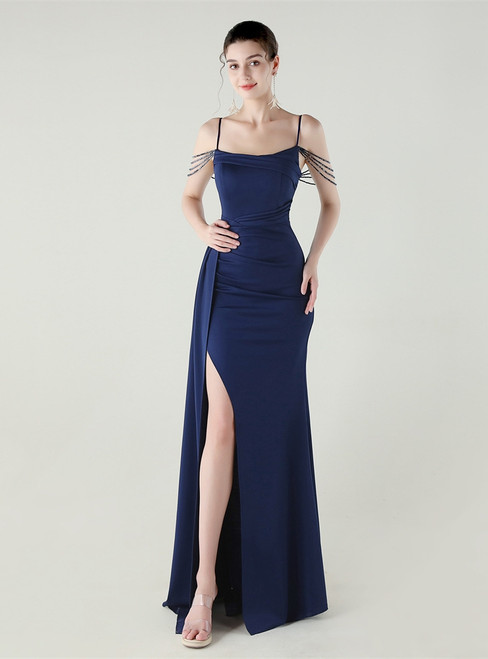 In Stock:Ship in 48 Hours Navy Blue Straps Split Beading Party Dress