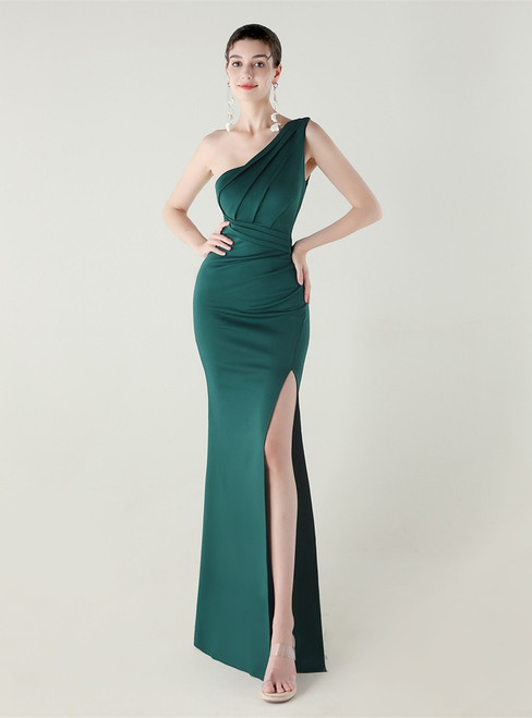 In Stock:Ship in 48 Hours Fabulous Green One Shoulder Pleats Split Party Dress