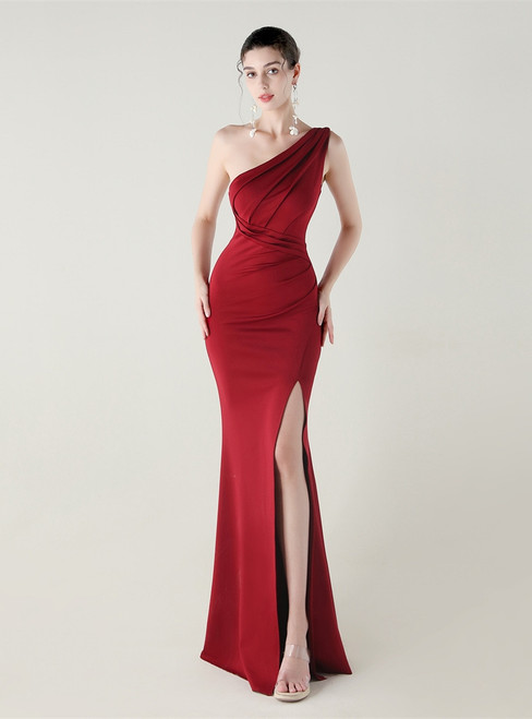 In Stock:Ship in 48 Hours Fairy Tale Burgundy One Shoulder Pleats Split Party Dress