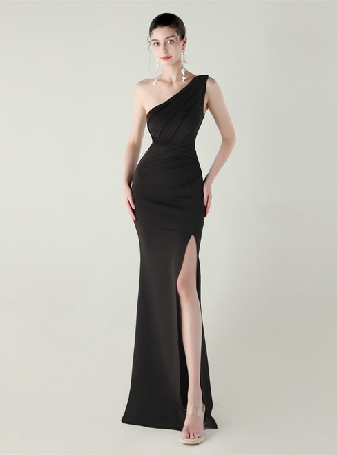 In Stock:Ship in 48 Hours Attractive Black One Shoulder Pleats Split Party Dress