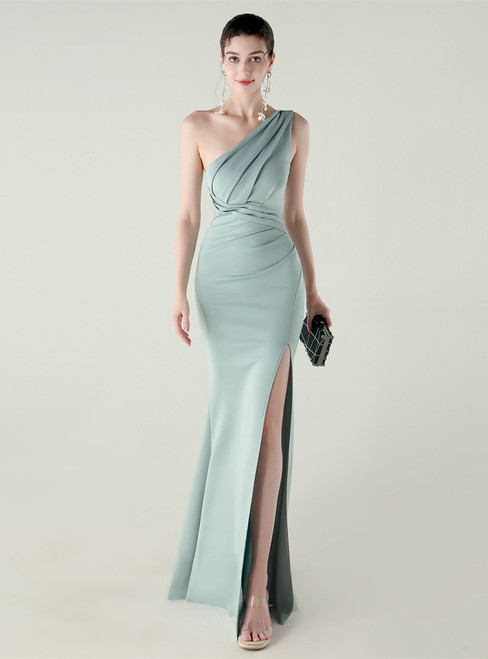 In Stock:Ship in 48 Hours Hot Sale Green One Shoulder Pleats Split Party Dress