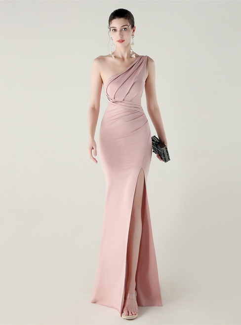 In Stock:Ship in 48 Hours Pink One Shoulder Pleats Split Party Dress