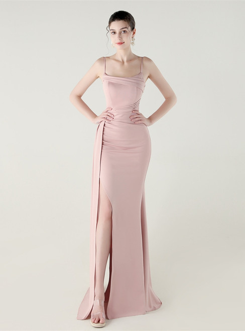 In Stock:Ship in 48 Hours Pink Straps Pleats Split Party Dress