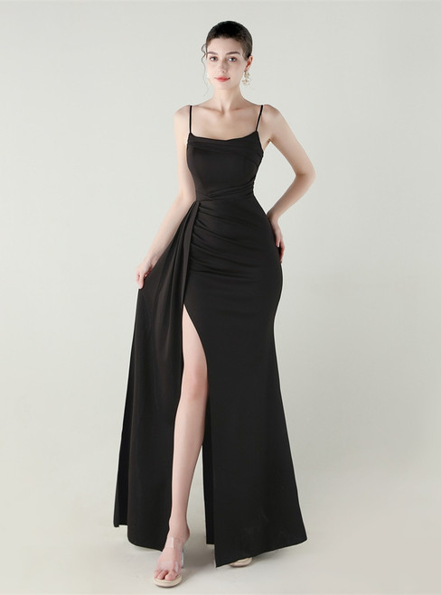 In Stock:Ship in 48 Hours Black Straps Pleats Split Party Dress