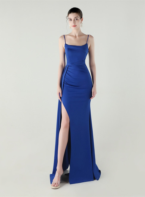In Stock:Ship in 48 Hours Royal Blue Straps Pleats Split Party Dress
