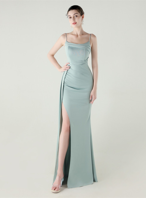 In Stock:Ship in 48 Hours Lake Green Straps Pleats Split Party Dress