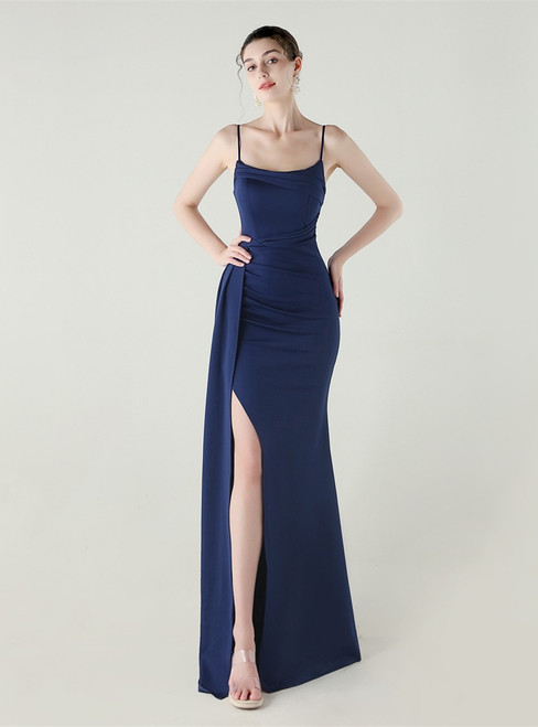 In Stock:Ship in 48 Hours Navy Blue Straps Pleats Split Party Dress