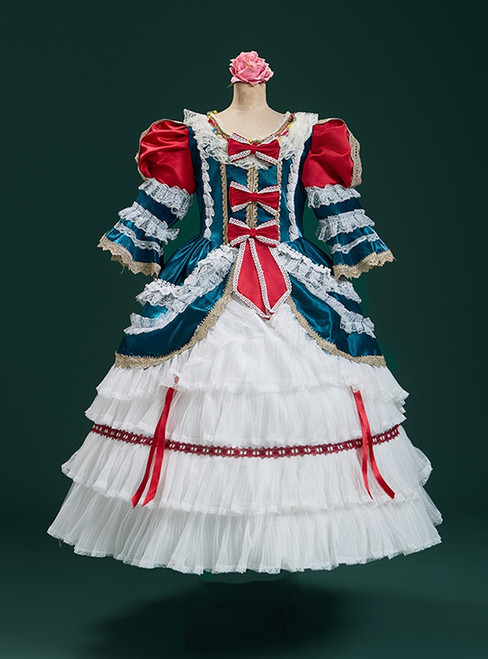 Blue Satin Lace Bow Girl Rococo Baroque Vintage Dress