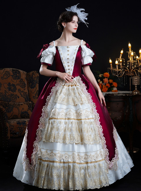 Burgundy Satin Lace Short Sleeve Baroque Victorian Dress
