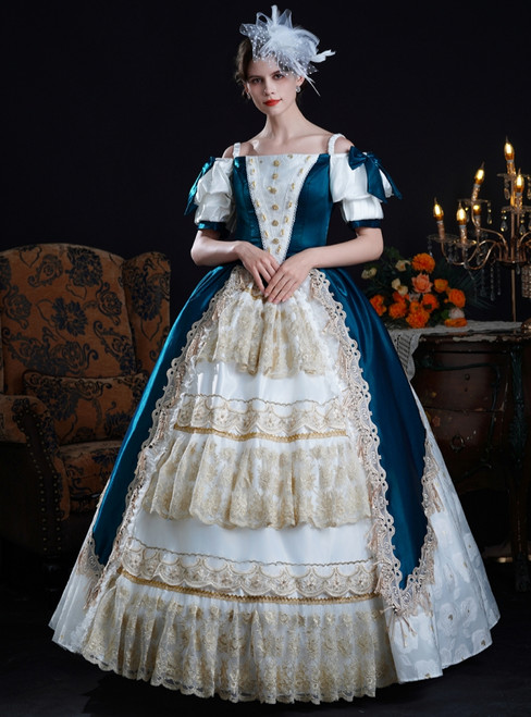 Blue Satin Lace Short Sleeve Baroque Victorian Dress