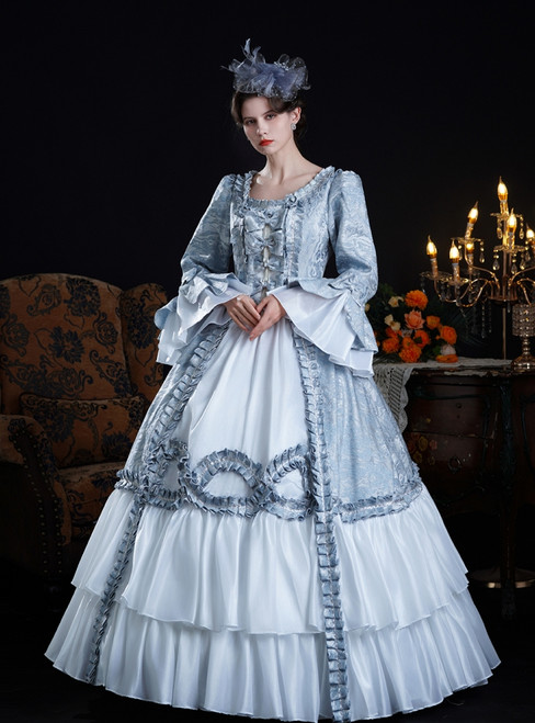 Blue Print Long Sleeve Rococo Baroque Vintage Dress
