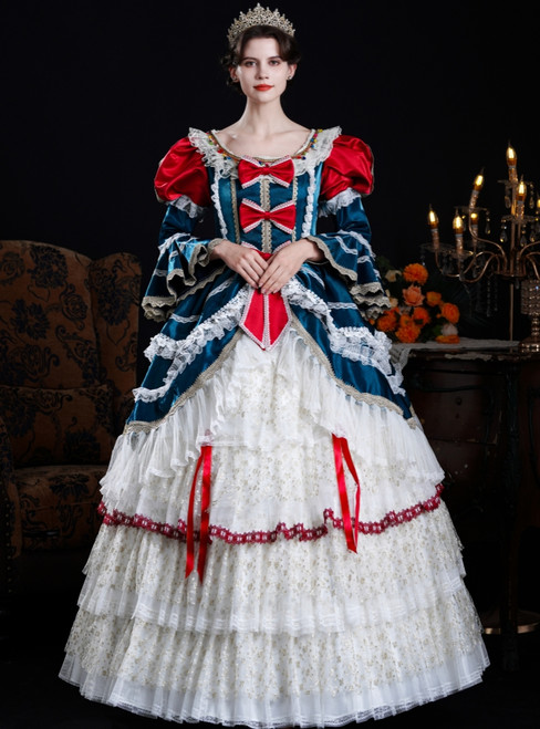 Blue Satin Long Sleeve Lace Bow Rococo Vintage Dress