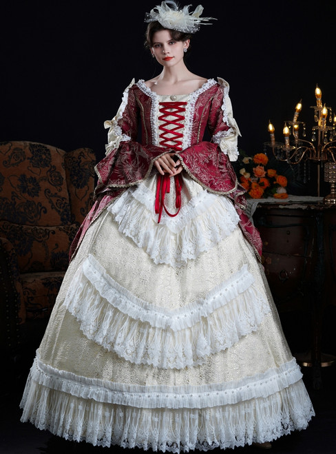 Burgundy Long Sleeve Lace Rococo Vintage Dress