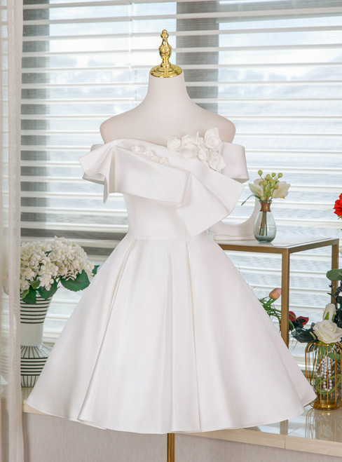 White Satin Off the Shoulder 3D Flower Homecoming Dress