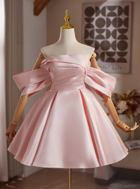Simple Pink Satin Off the Shoulder Pleats Homecoming Dress