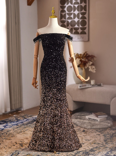 Simple Black Mermaid Sequins Off the Shoulder Prom Dress