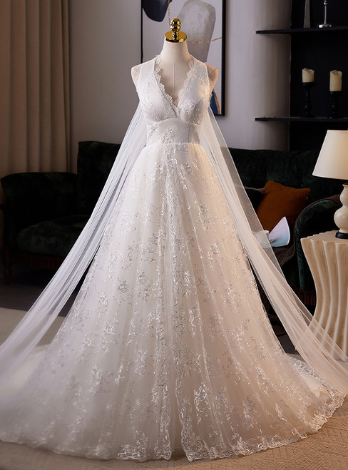 A-Line White Lace V-neck Wedding Dress