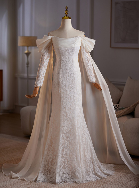 White Mermaid Lace Off the Shoulder Long Sleeve Wedding Dress