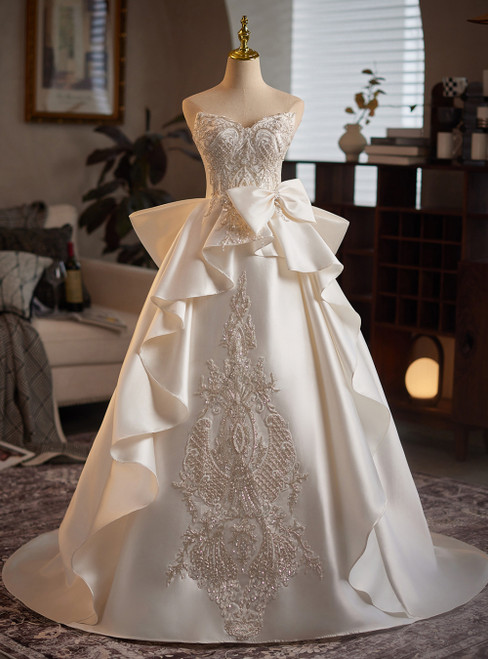 Ivory White Satin Appliques Beading Wedding Dress