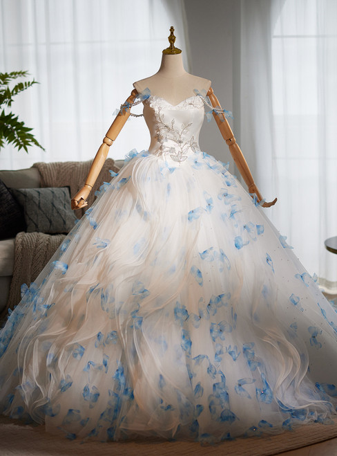 White Tulle Off the Shoulder 3D Flower Beading Quinceanera Dress