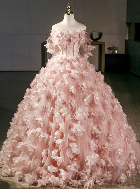 Elegant Pink Tulle Off the Shoulder 3D Flower Quinceanera Dress