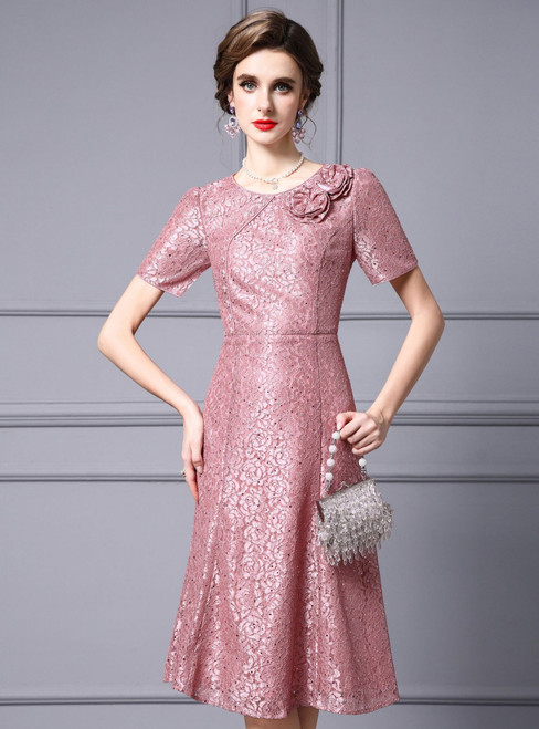 Pink Lace Short Sleeve Flower Mother Of The Bride Dress