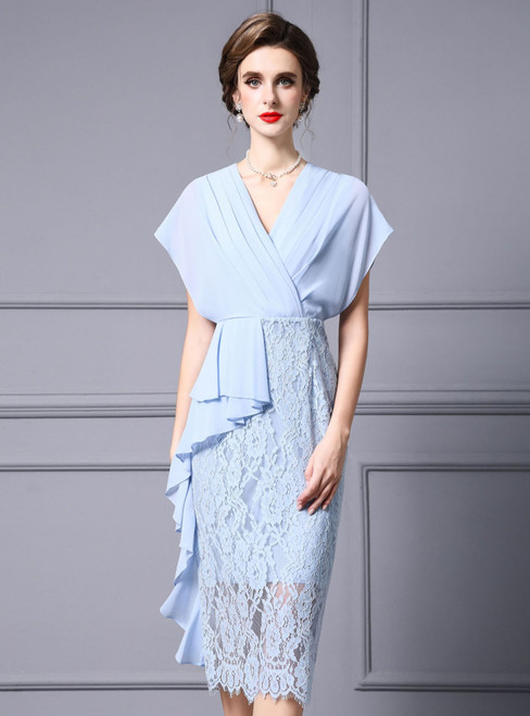 Light Blue Chiffon Lace V-neck Mother Of The Bride Dress