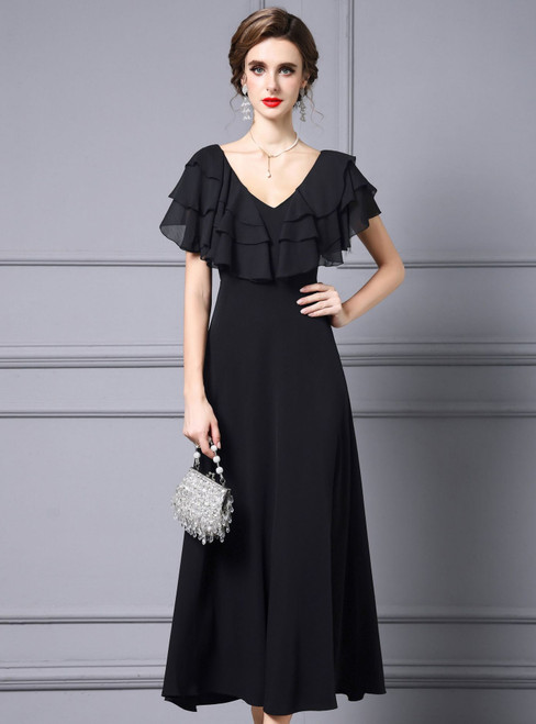 Black V-neck Chiffon Mother Of The Bride Dress