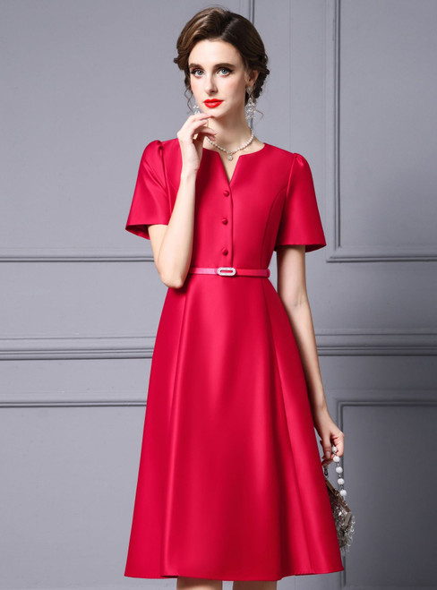Red Satin Short Sleeve Mother Of The Bride Dress With Belt