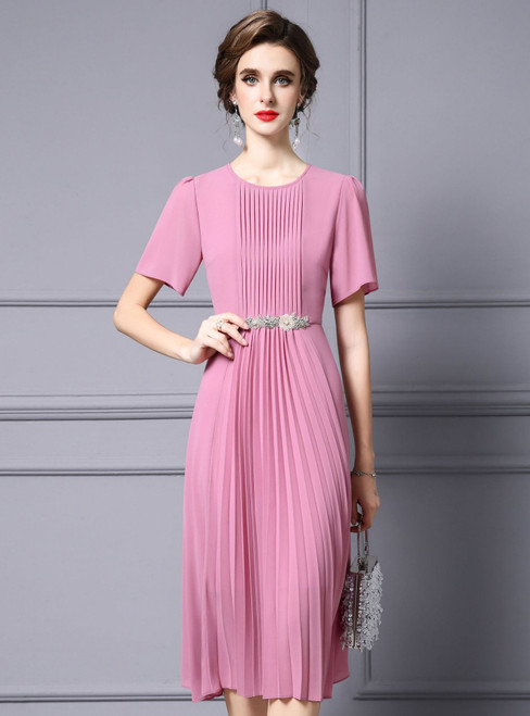 Pink Short Sleeve Chiffon Pleats Mother Of The Bride Dress