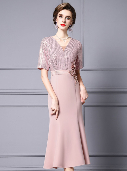 Pink Short Sleeve Sequins Beading Mother Of The Bride Dress