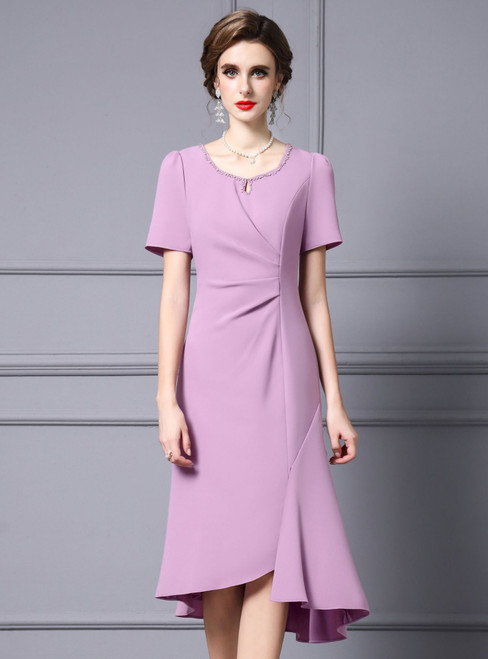 Lavender Short Sleeve Pleats Beading Mother Of The Bride Dress