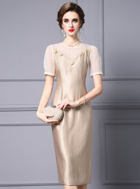 Champagne Short Sleeve Lace Mother Of The Bride Dress
