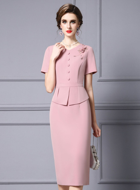 Pink Short Sleeve V-neck Flower Beading Mother Of The Bride Dress