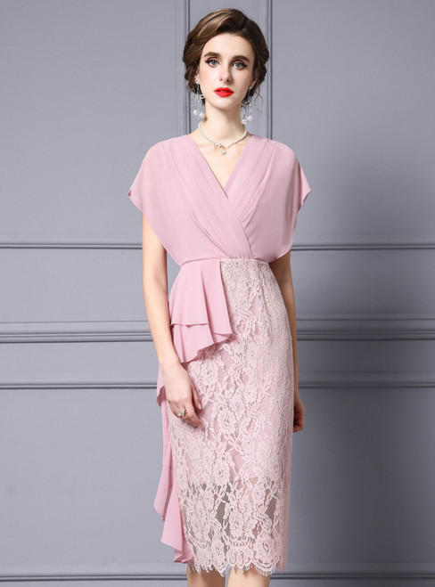 Pink  Chiffon Lace V-neck Mother Of The Bride Dress