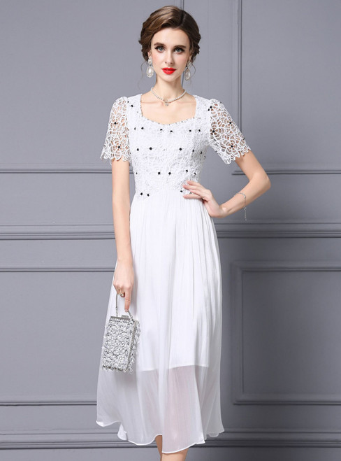 White Chiffon Lace Short Sleeve Mother Of The Bride Dress