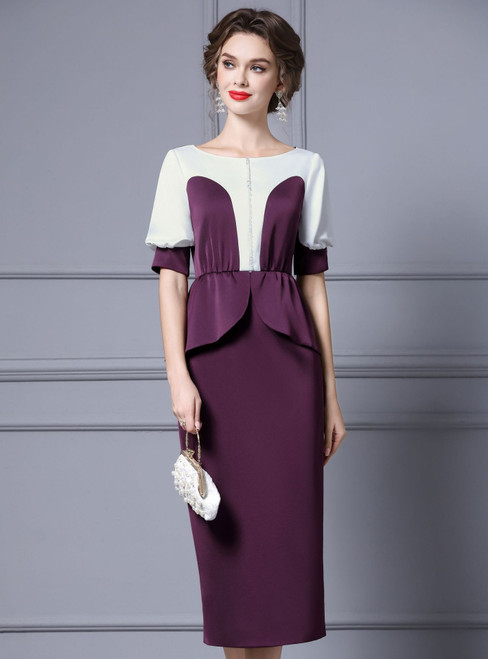 Elegant Purple Short Sleeve Beading Mother Of The Bride Dress