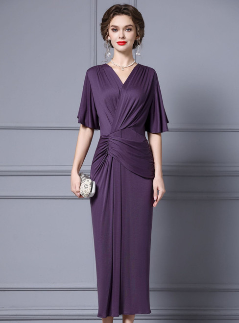Purple V-neck Short Sleeve Pleats Mother Of The Bride Dress