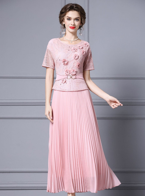 Pink Chiffon Short Sleeve 3D Flower Mother Of The Bride Dress
