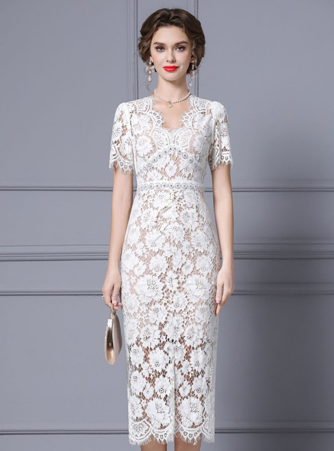 White Lace Short Sleeve V-neck Beading Mother Of The Bride Dress