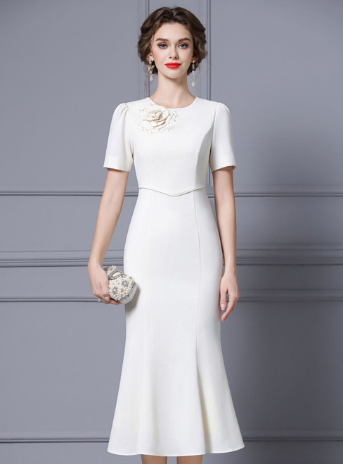 Beige White Short Sleeve Flower Beading Mother Of The Bride Dress