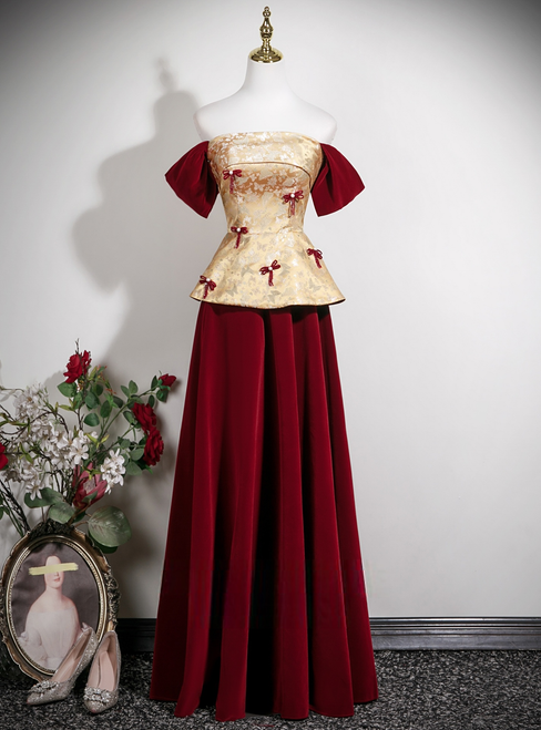Burgundy Velvet Off the Shoulder Bow Prom Dress