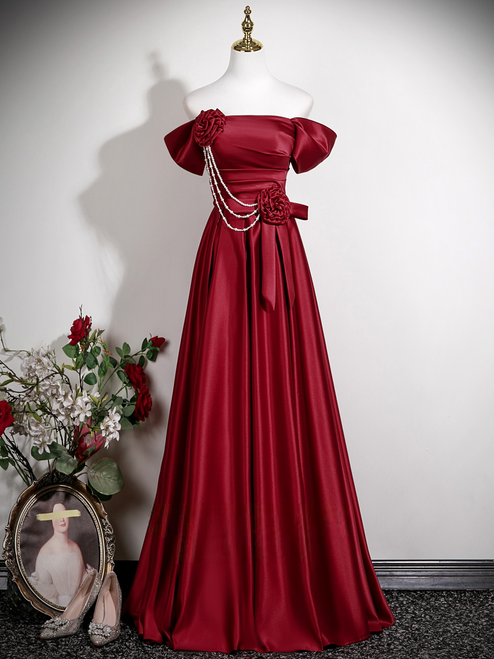 Elegant Burgundy Satin Off the Shoulder Pleats Flower Prom Dress