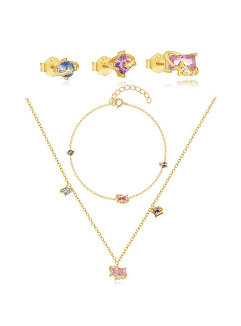 S925 Sterling Silver Candy Colored Diamond Necklace Bracelet Earrings Set