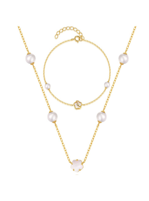 S925 Sterling Silver Pearl Necklace Bracelet Set