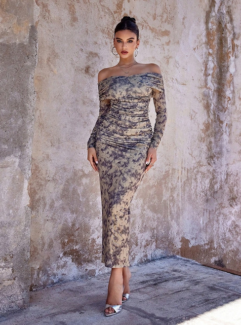 Mesh Printed Slim Long Evening Dress