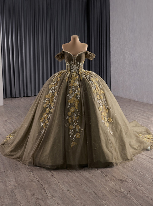 Dark Green Tulle Sequins Off the Shoulder Prom Dress