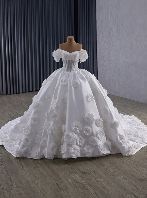 White Ball Gown Satin Off the Shoulder 3D Flower Wedding Dress